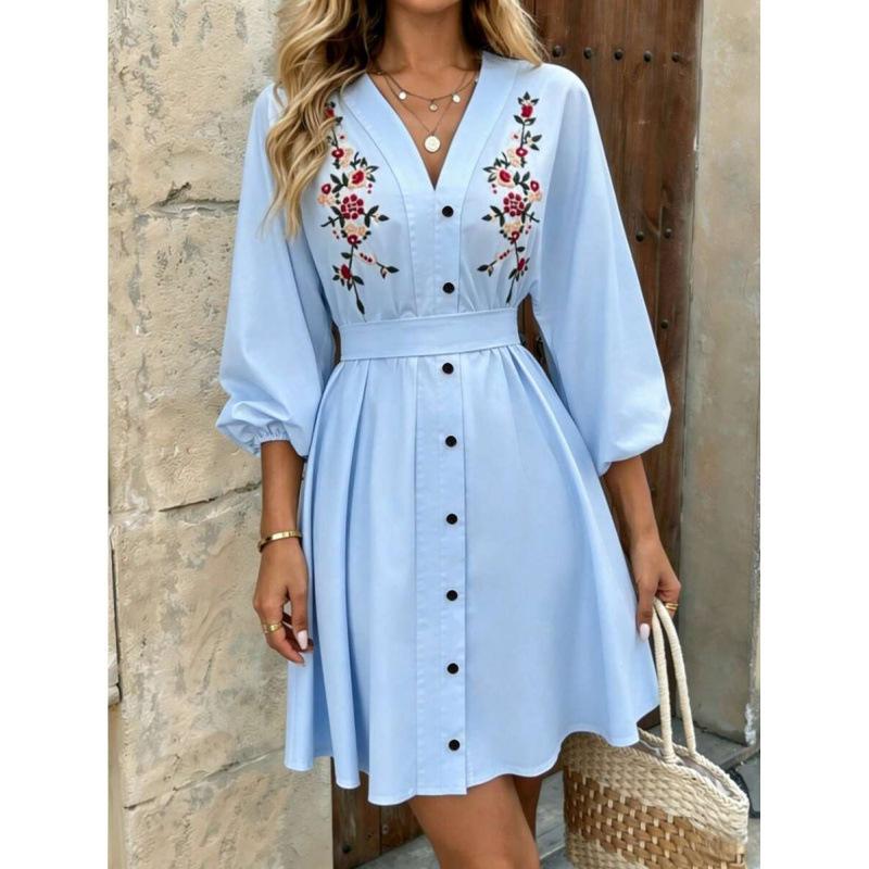 Amazon Europe and America 2026 Summer New Casual Flower Embroidered Lantern Sleeves Waist Thin Dress Women