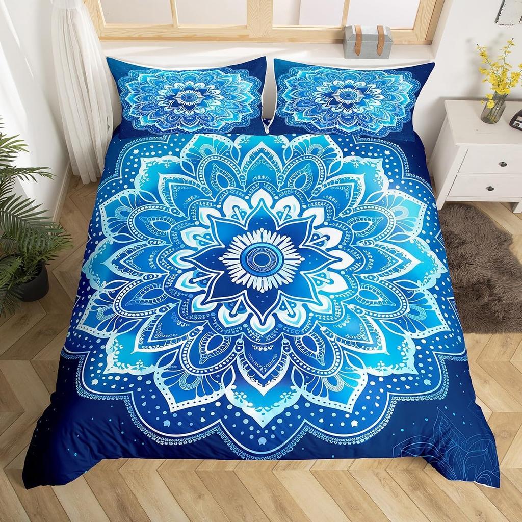 Lotus Duvet Cover Trippy Dreamy Mandala Bedding Set,Boho Floral Comforter Cover Exotic Tribal Damask Flowers Bed Set Twin Queen