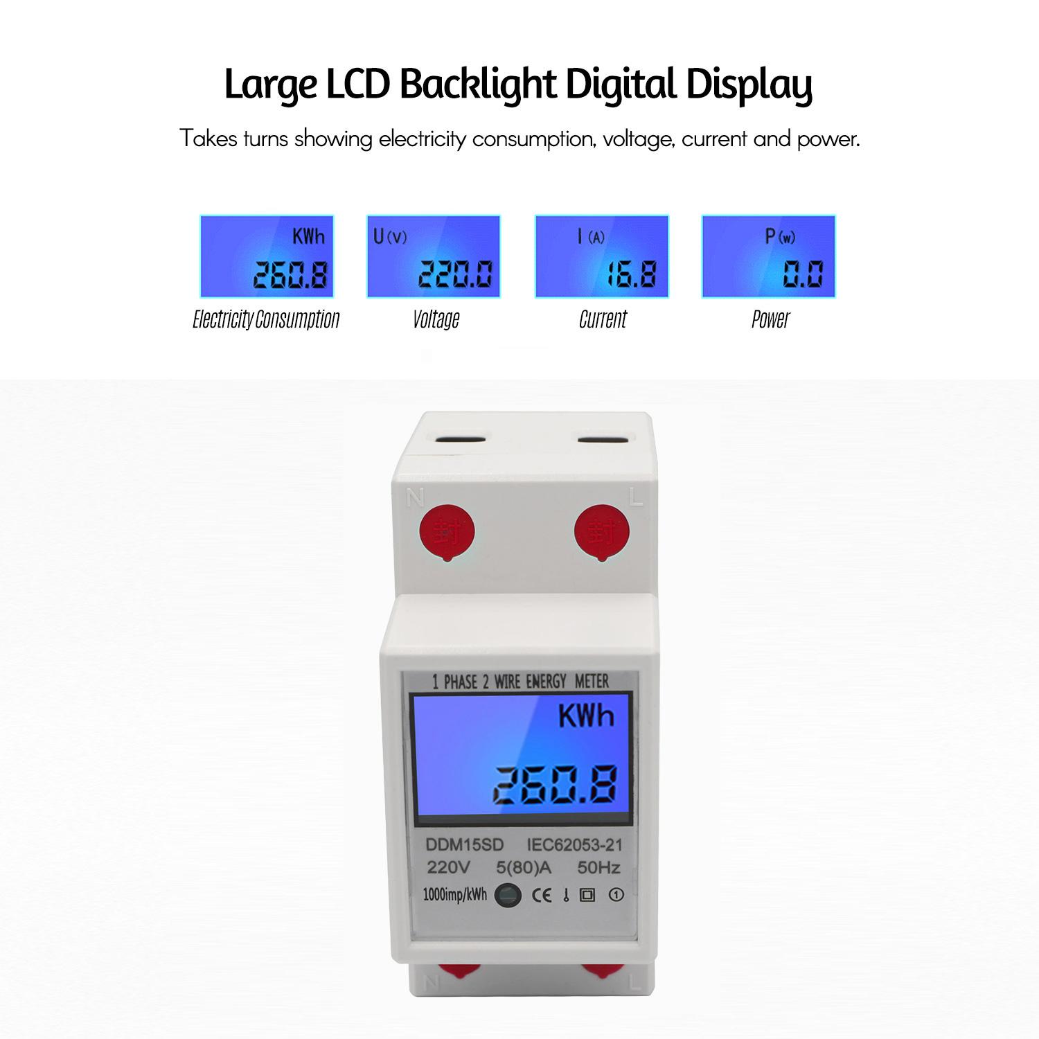 

Single Phase DINRail Energy Meter 580A 220V 50Hz Electronic KWh Meter with LCD Backlight Digital білий