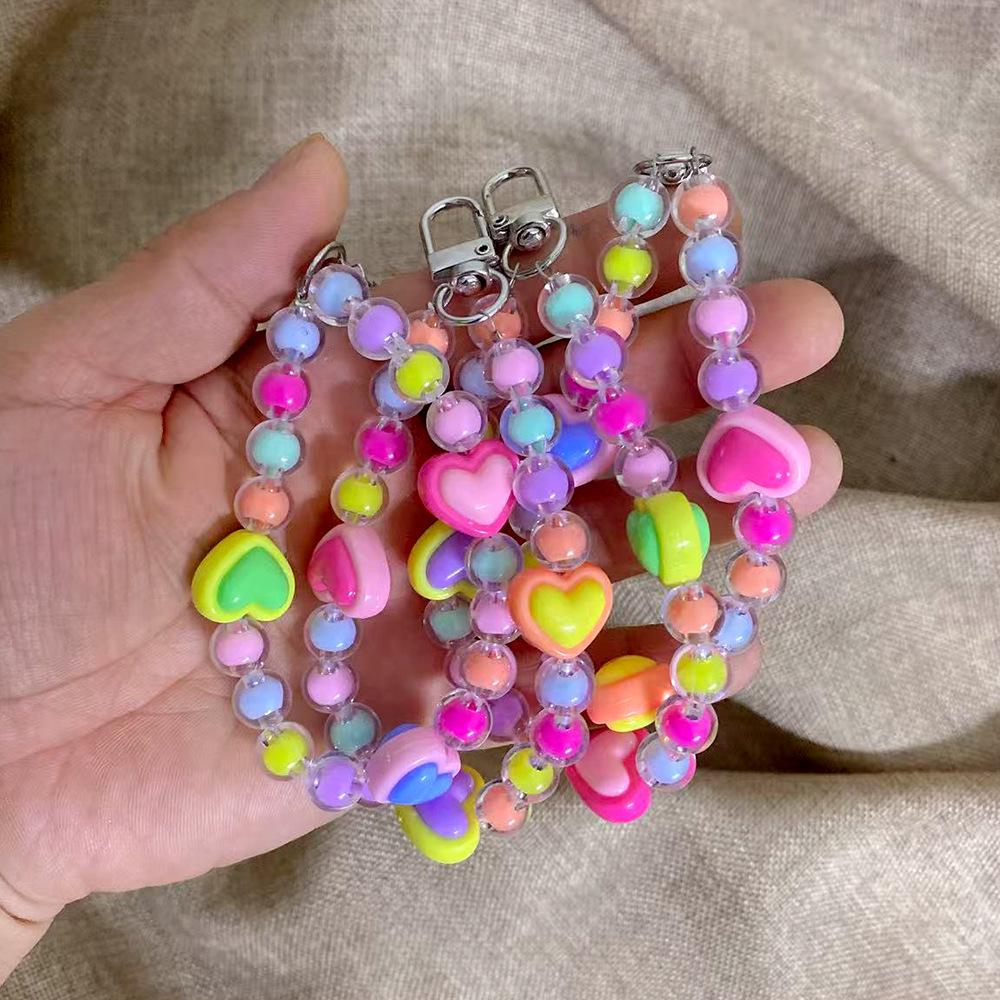 Girlish Colorful Beaded Heart Pendant Phone Charm Keychain Jewelry