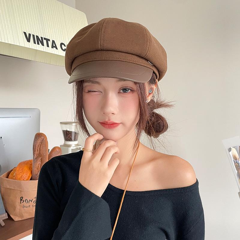 PU Leather-brimmed Retro Plaid Octagonal Hat for Women, Autumn and Winter, Face-slimming Beret, Stylish and Versatile Newsboy Cap