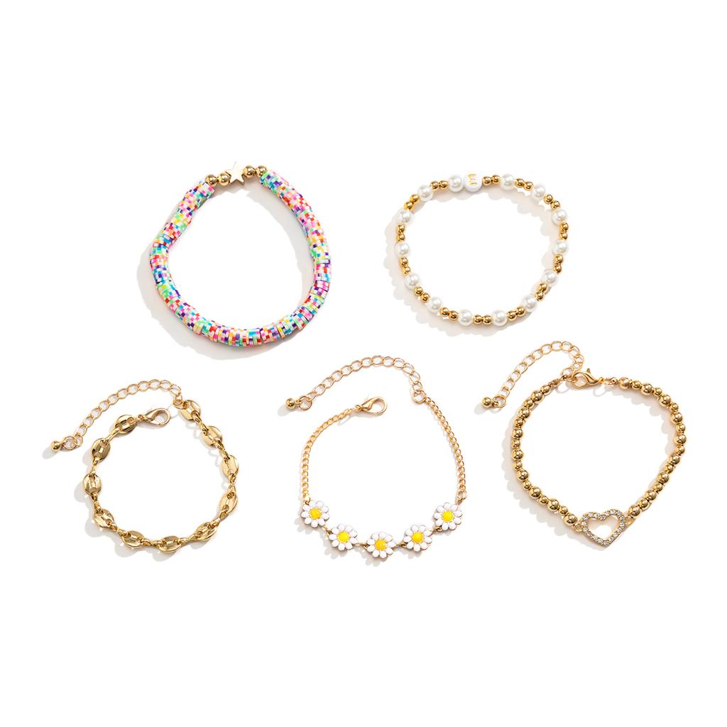 5Pcs/Set Kpop Sunflower Ball Polymer Clay Chain Bracelets for Women 2026 Trending Rhinestone Love Heart Bangles Couple Jewelry