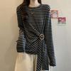 Women's Plus Size Striped Slim Fit Long Sleeve T-shirt: Waist-Cinching, Thinning Design for Spring/Fall.