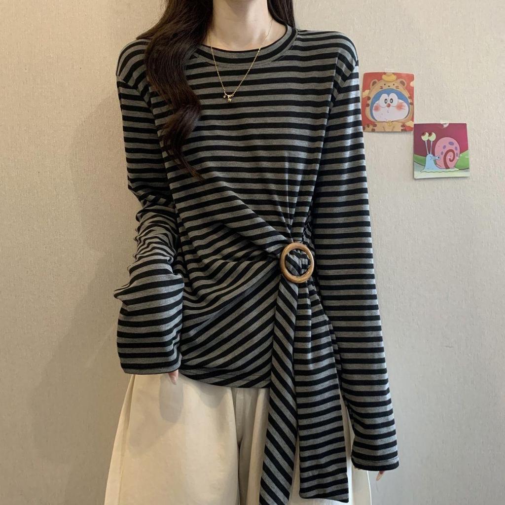Women's Plus Size Striped Slim Fit Long Sleeve T-shirt: Waist-Cinching, Thinning Design for Spring/Fall.