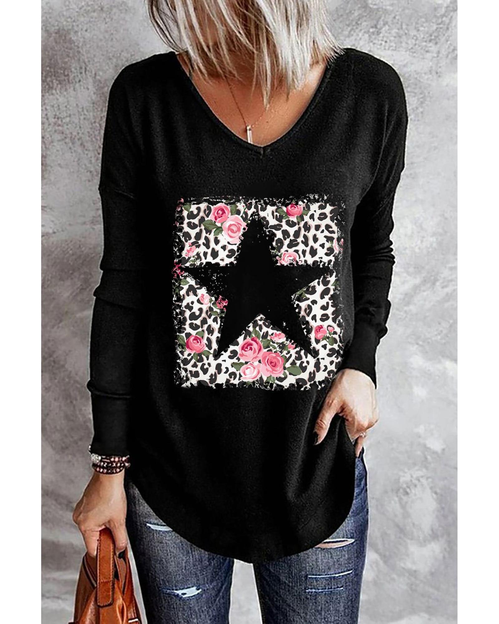 

Azura Exchange Leopard Floral Star Print V Neck Top M чёрный