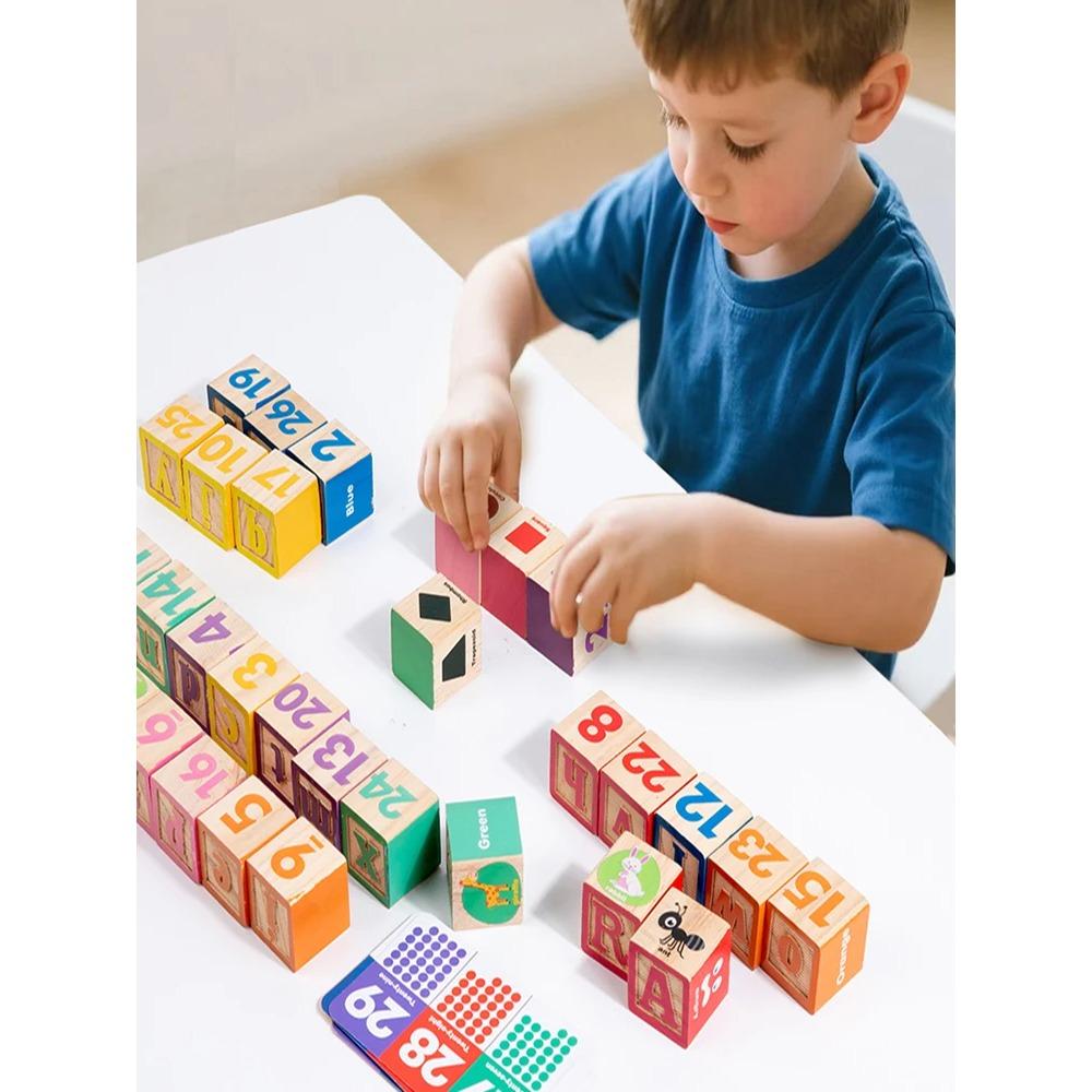 30pcs Children Cartoon Wooden Number Letter Building Blocks Set Montessori Early Educational Learning Toy for Kids Boys Girls