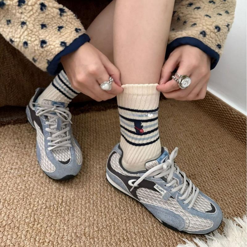 Backpack Bear Cub, Navy Blue Mid-calf Socks, Little Bear Cartoon School Style, Striped Embroidery, Pile Socks, Girl