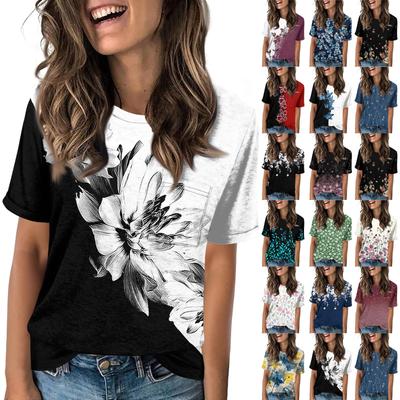 Camiseta Top Casual Suelta de Verano para Mujer con Bolsillo, Estampado Floral, Manga Corta y Cuello Redondo
