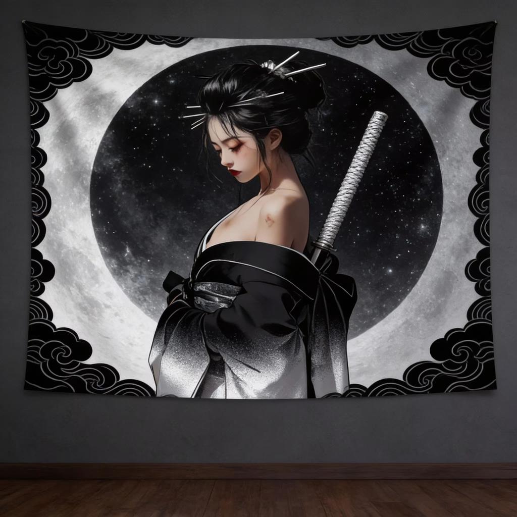Japanese Sword Woman Tapestry, White Kimono Red Floral Design Wall Hanging For Living Room Home Decor Accessories