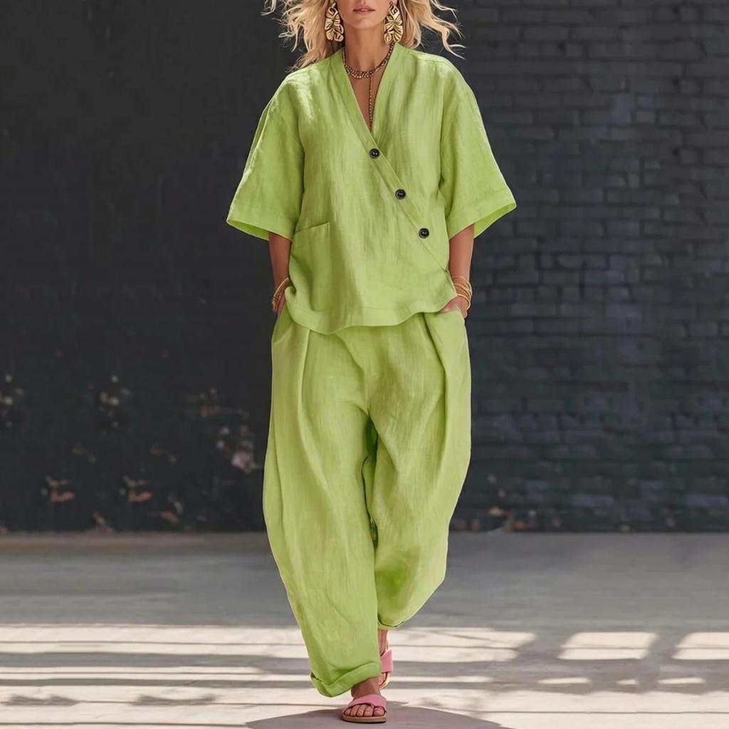 Women's Fashionable Casual Loose-Fit V-Neck Short-Sleeve Two-Piece Set