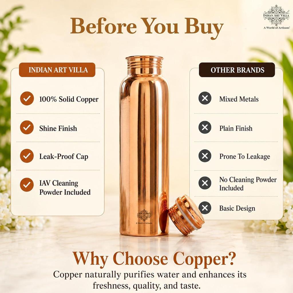 Copper Shine Finish Water Bottle – 600 ML, Pure Copper Bottle for Ayurvedic Health Benefits, Drinkware, Stylish Design