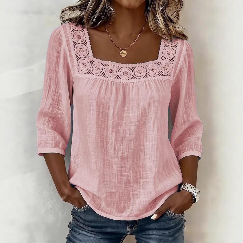 Dames Zomer Effen Kleur Casual Vierkante Hals Kant Ingezet 3/4 Mouw Top