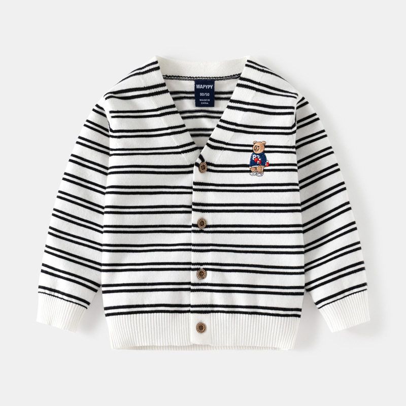 Children s Striped Sweater Spring and Autumn Children s Clothing Boy s Wool V Neck Cardigan Boy s Baby Embroider Bear Jacket Thin White Strips 130