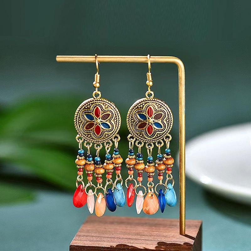 Bohemian Ethnic Beaded Teardrop Tassel Earrings