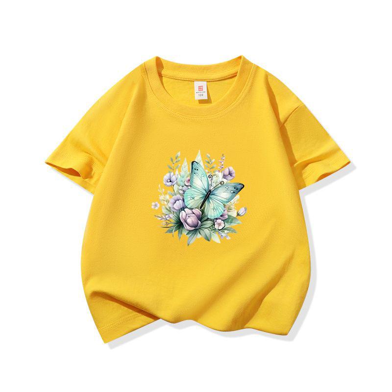 Kids Cotton T Shirt Mint Butterfly With Purple Flowers Print Crew Neck Short Sleeve Tee Casual Boys Girls Summer Tops