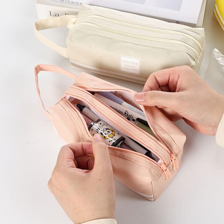 Korean Style Double-Layer Oxford Cloth Pencil Case with Large Capacity and Portable Double Zipper Design