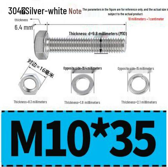 304 Stainless Steel Hex Head Bolt and Nut Set M6-M14, Lengths 8-100mm