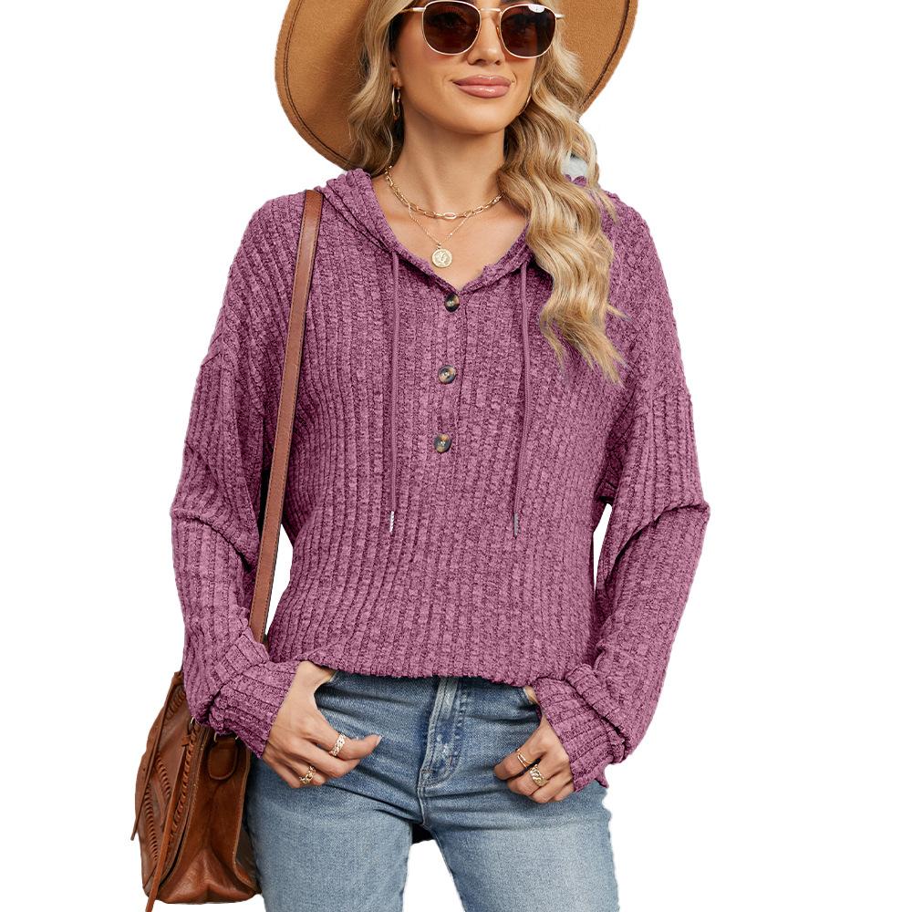 Autumn and Winter New Solid Color Hooded Button Versatile Style Solid Color Loose Long Sleeved Sweatshirt Women's Clothing
