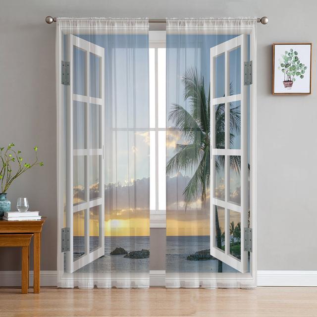 Window Views Cherry Blossoms River Sheer Curtains For Living Room Bedroom Kitchen Chiffon Tulle Curtains Home Hotel Coffee Decor