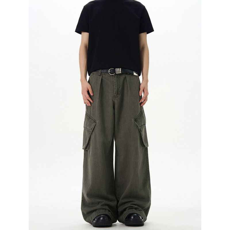 Kisko American Retro Washed Large Pocket Baggy Silhouette Cargo Pants Unisex Loose Straight Casual Wide-Leg Pants