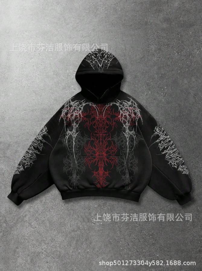 Kapuzen-Reißverschluss-Pullover mit Dornenmuster, Herren- und Damen-Y2K-Subkultur-Strickjacke mit rotem Futter, High-Street-Oberteil