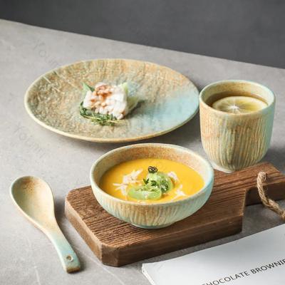 Piatti da pranzo in stile retrò giapponese, set di ciotole in ceramica con rilievi creativi, ciotola da dessert per il tè pomeridiano per uso domestico, squisito servizio da tavola