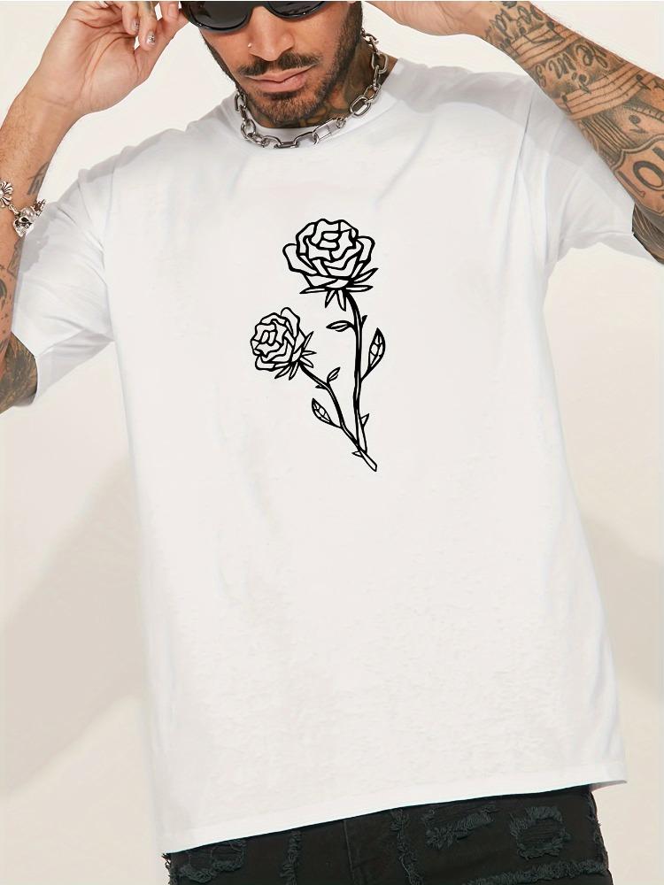 Unisex Summer Cotton Short Sleeve T Shirt Black Line Two Rose Stem Print Crew Neck Minimalist Aesthetic Street Casual Male Tee