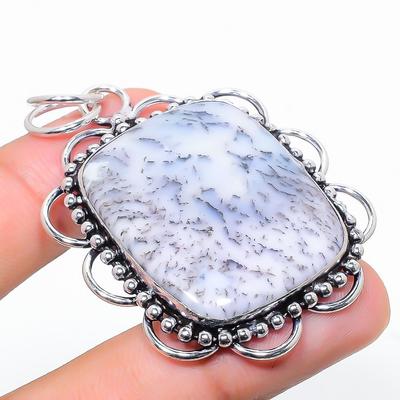 Natural Dendrite Opal Gemstone 925 Sterling Silver Gift Pendant 2.36" Q1d79