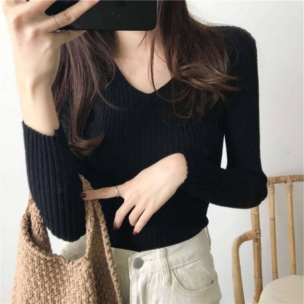 V-neck Sweater, Knitted Sweater, Women's Sweater, Stretch Sweater, Pullover Sweater, Slim Fit Sweater, Base Coat, Inner Layer, Top Coat