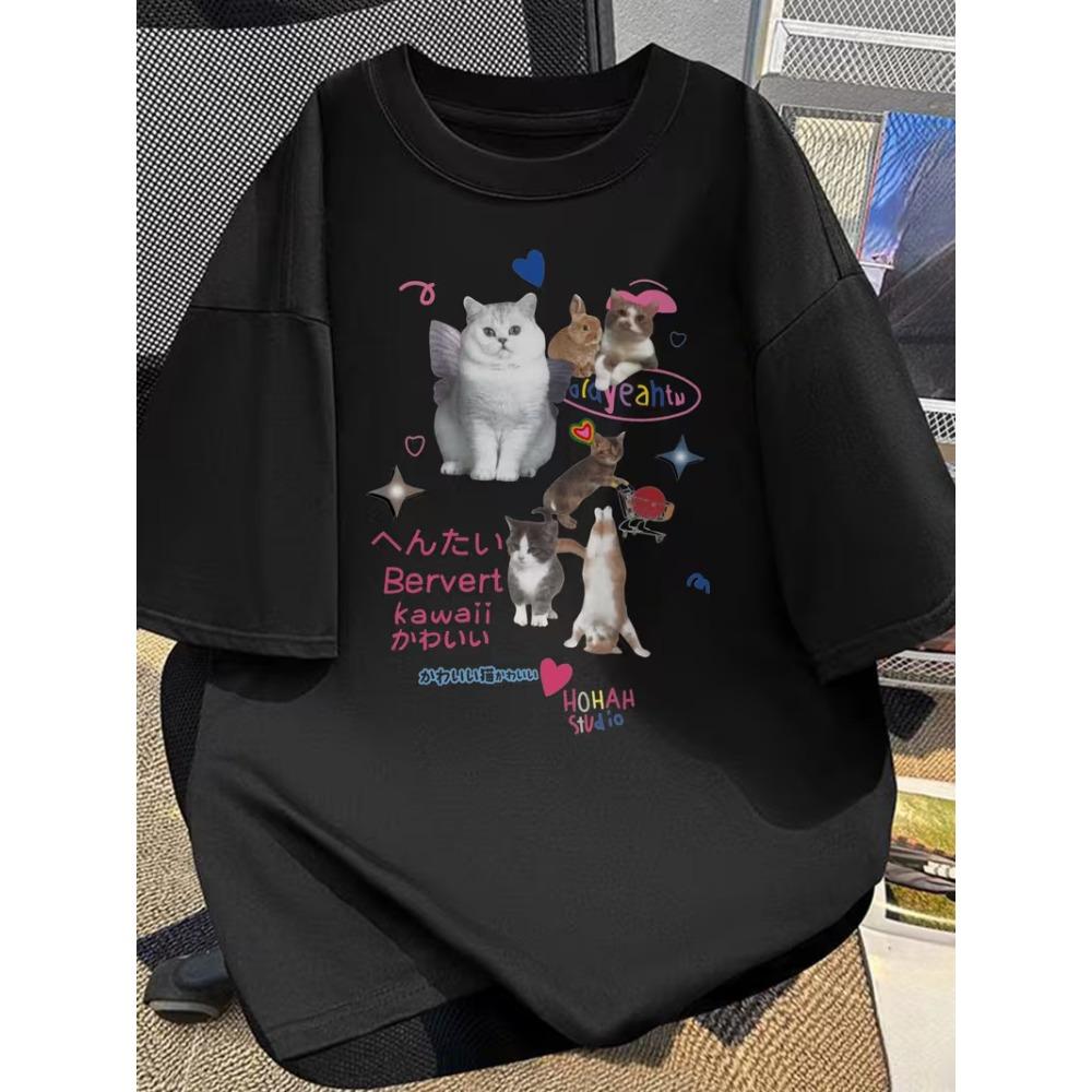 Cute Cat Dog Collage Print T-Shirt Crew-Neck Oversized Tee Playful Pets Donuts Graphic Short-Sleeve for Daily