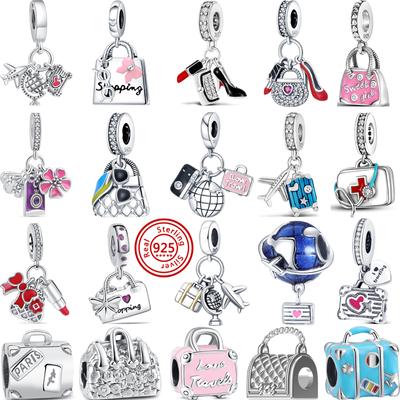 S925 Sterling Silver Luggage Shopping Bag Suitcase Love Travel Sweet Beads Fit  Charms Bracelet DIY Original Jewelry Women