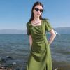 French Retro Plus Size Square Neck Puff Sleeve Midi Dress