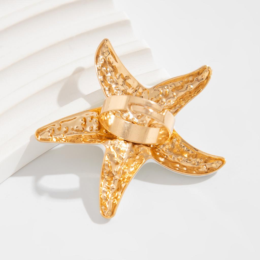 Summer Cavation Oil Dripping White Pearl Flower Ring Exaggerated Jewelry Gift Geometric Adjustable Metallic Starfish Rings for Women