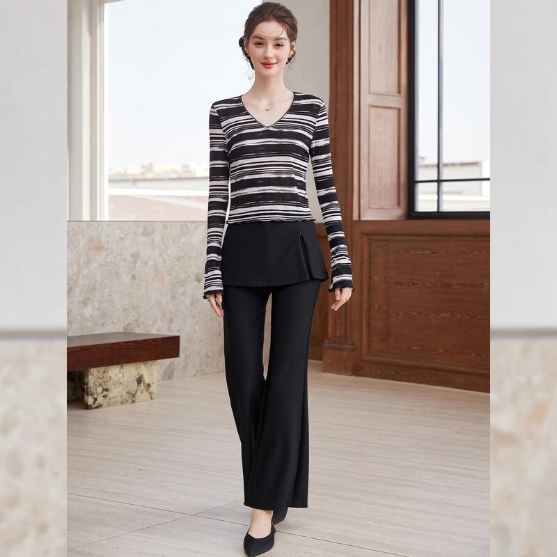 Bailuyu Women's Striped V-neck Flared Sleeve T-shirt
