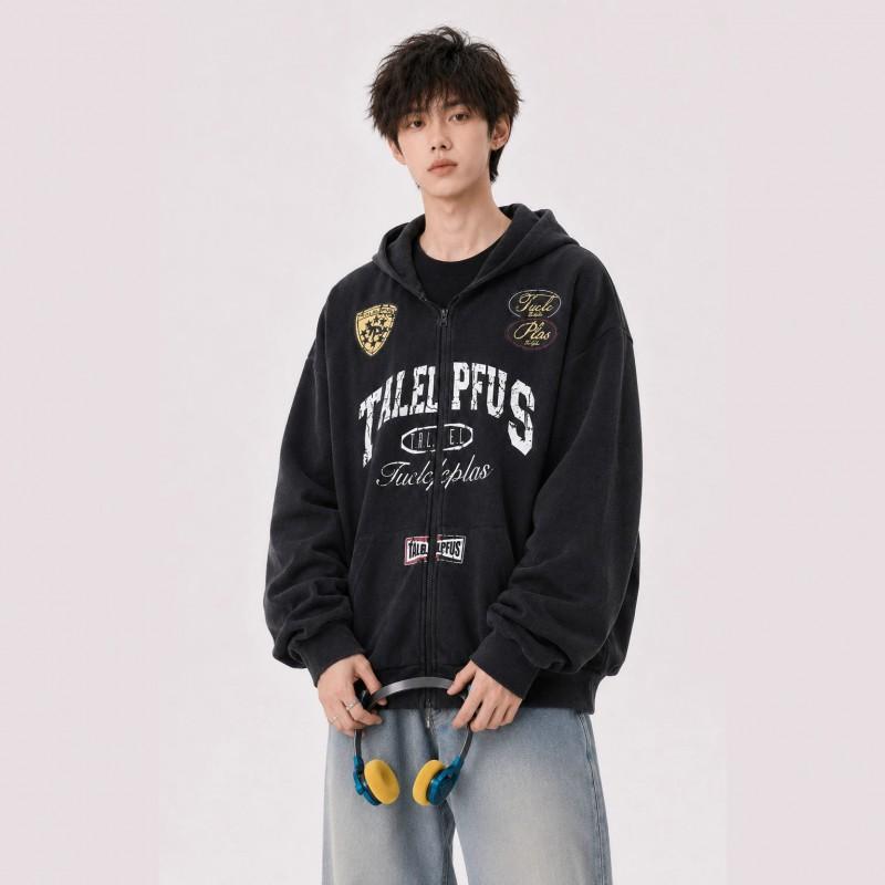 Oversized Vintage American Racing Style Washed Hooded Zip-Up Sweatshirt Men Women Casual Loose Fit