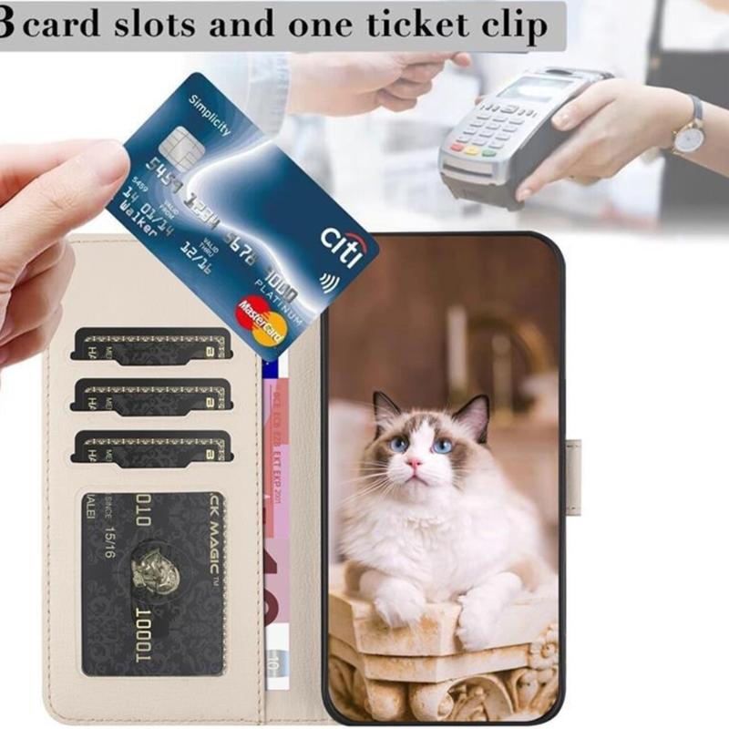 Artistic Feline Design Shockproof Flip Cover Case Protective Housing With Magnetic Snap Stand Function & Card Pockets