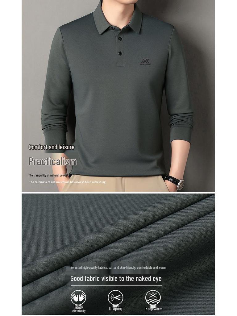Pánské zimní polo tričko s dlouhým rukávem 2025 s vlněnou a hedvábnou fleecovou podšívkou - High-endová ležérní základní vrstva