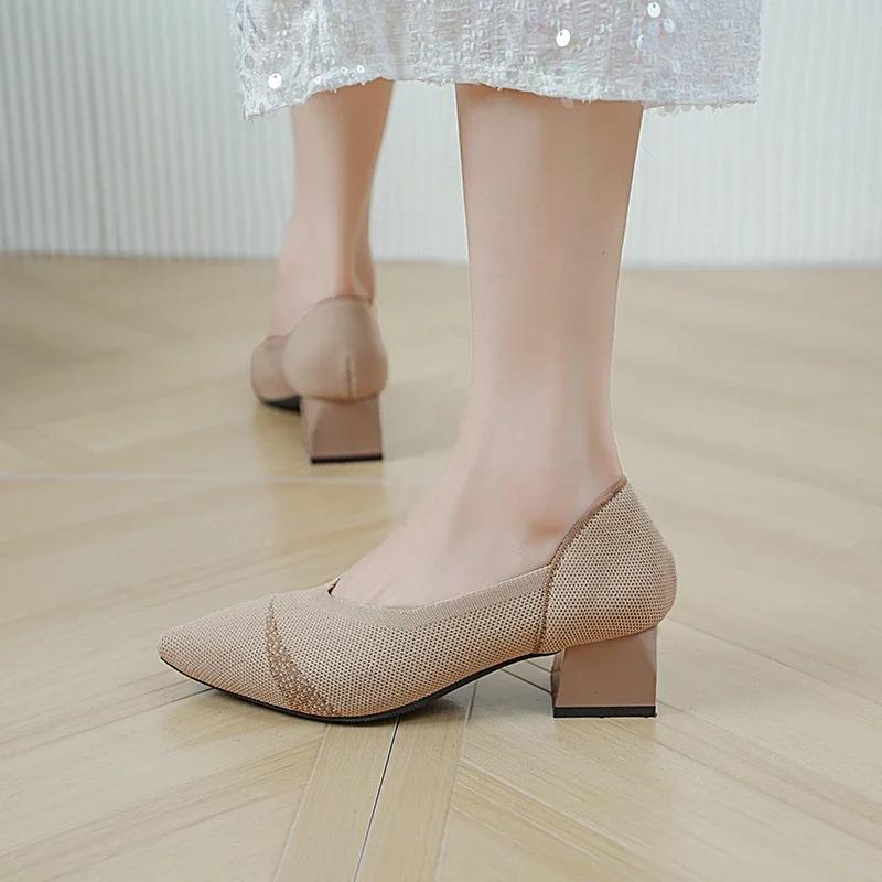 New Dress Office Women's High Heels Breathable Mesh Pumps Fashion Square Heels Pointed Toe Shoes for Women 2024 Zapatos Mujer