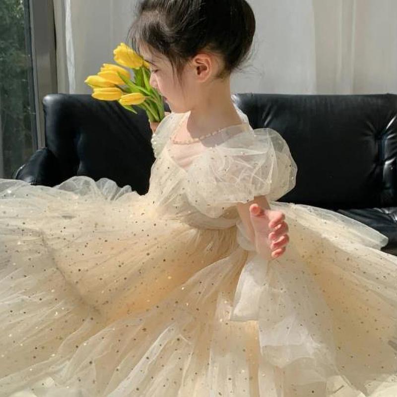 Dress Girls Princess Birthday Party Bow Summer Skirt Baby Girl's Bubble Sleeve Mesh Sequin Sweet Cute