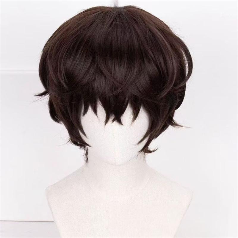 Hochwertige Dazai Osamu Cosplay-Perücke, Anime Cosplay, kurze, braune, hitzebeständige Kunsthaarperücken + Perückenkappe