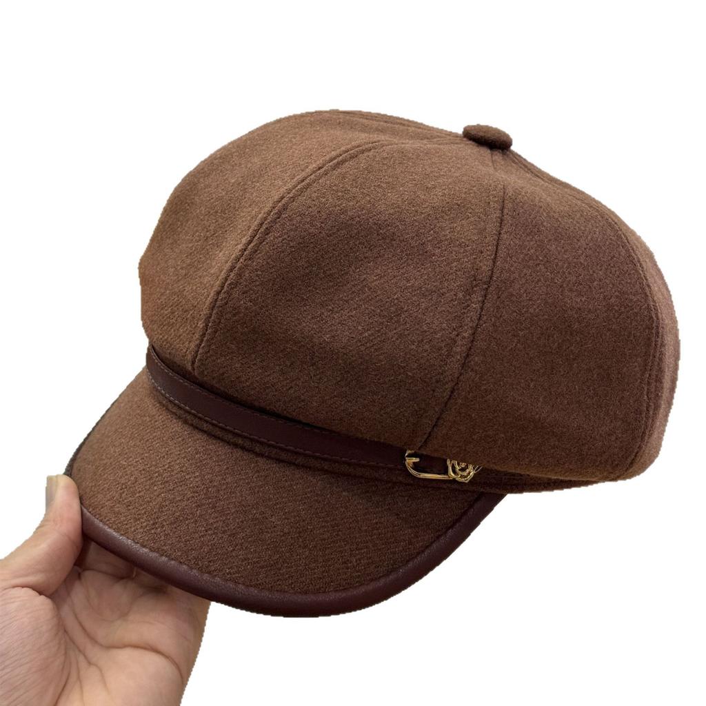 Fashion Hat Autumn Ladies Flower Metal Standard Leather Brim Octagonal Hat Warm Retro Temperament Duck Tongue Newsboy Hat