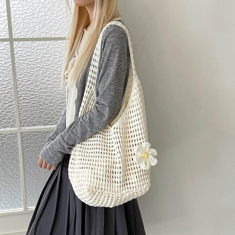Solid Color Knitting Shoulder Bag Flower Large Capacity Bohemian Crochet Tote Bag Hollow Out Versatile Casual Woven Handbag