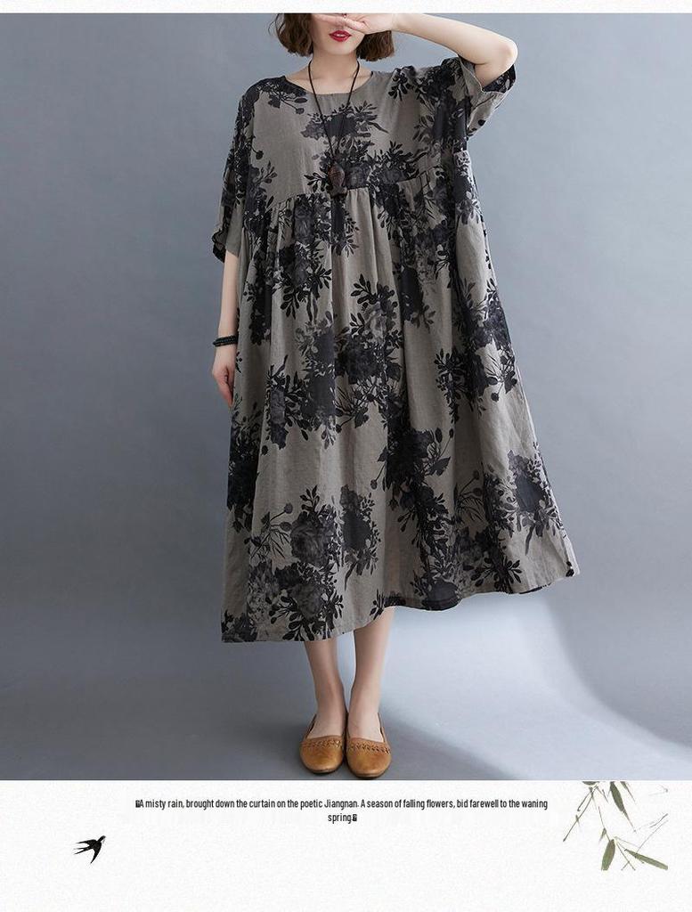 2021 Summer Retro Plus Size Round Neck Print Dress with Short Sleeves and Big Swing