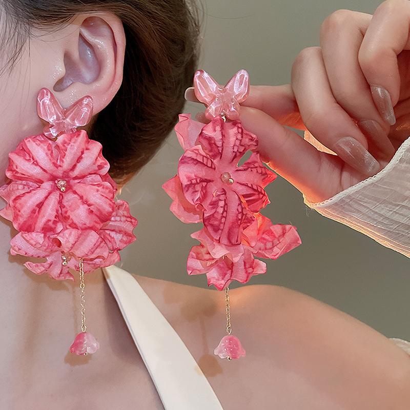 Sommer Chiffon Blumen Quasten Ohrringe für Frauen Urlaubsstil Übertrieben Süße Hängeohrringe Schmuck Accessoires Geschenke