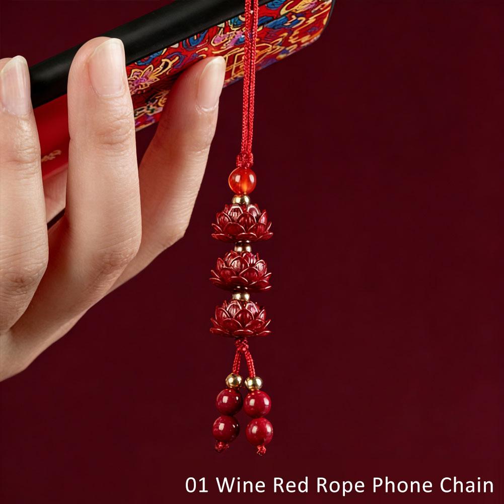 1PC Natural Red Cinnabar Lotus Keychain Chinese Style Lucky Amulet Carved Pendant for Car Bag Phone Hanging Ornament