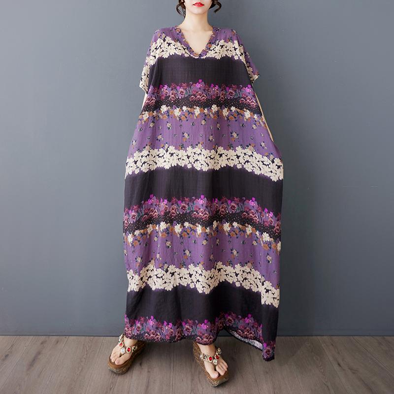 

DIMANAF 2025 Summer Plus Size Dress Women Casual Vintage Long Dress Loose Basic Cotton Floral Printing Dress One Size фиолетовый