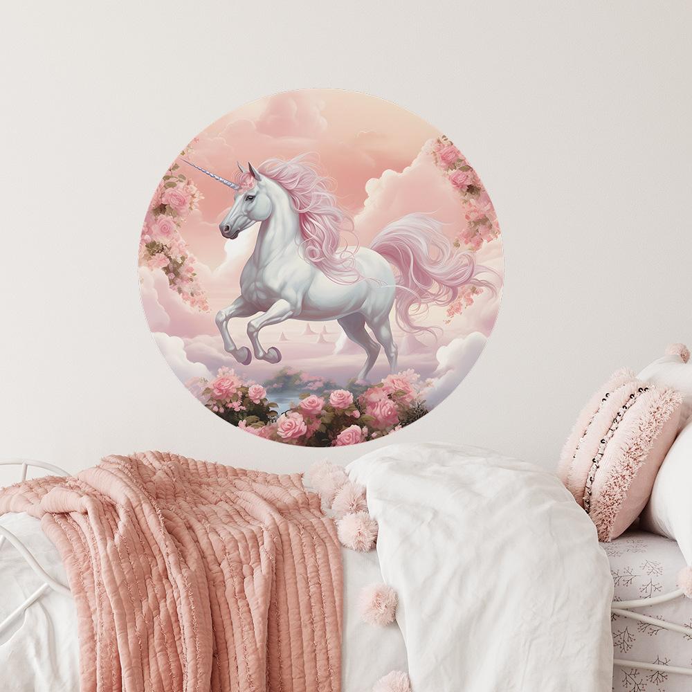 Watercolor Cartoon White Horse Flower Leaf Wall Sticker for Bedroom Living Room Entrance Background Decoration Self-Adhesive