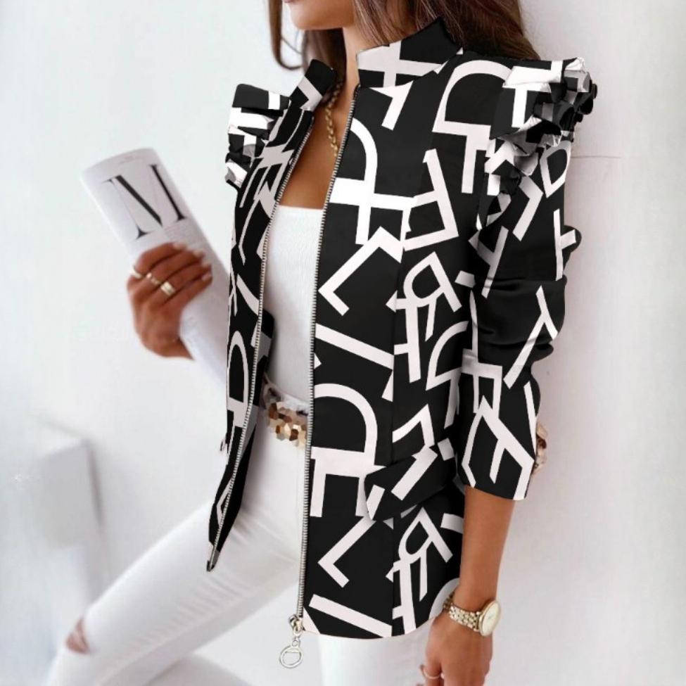BITCED Chaqueta pequeña con estampado de cremallera y manga larga con volantes para mujer de otoño e invierno