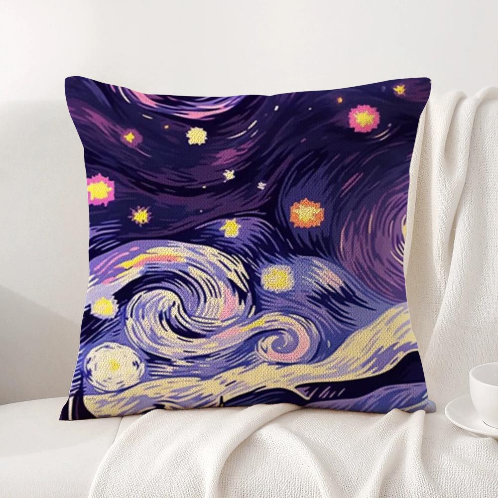 Color Van Goghs Starry Night Cushion Cover Natural Linen Organic Fabric DoubleSided Printing Sofa Home Decor Breathable