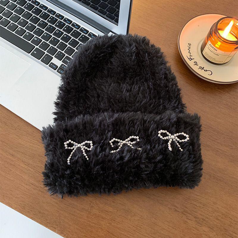 Autumn and Winter Pearl Bow Breast Plush Hat Korean Bag Head Curled Cold Hat Couple Playful Knit Hat